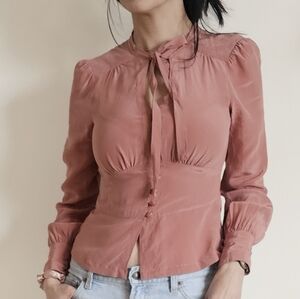 100% Silk Tie-Neck,Long Sleeve Top in Dusty Rose